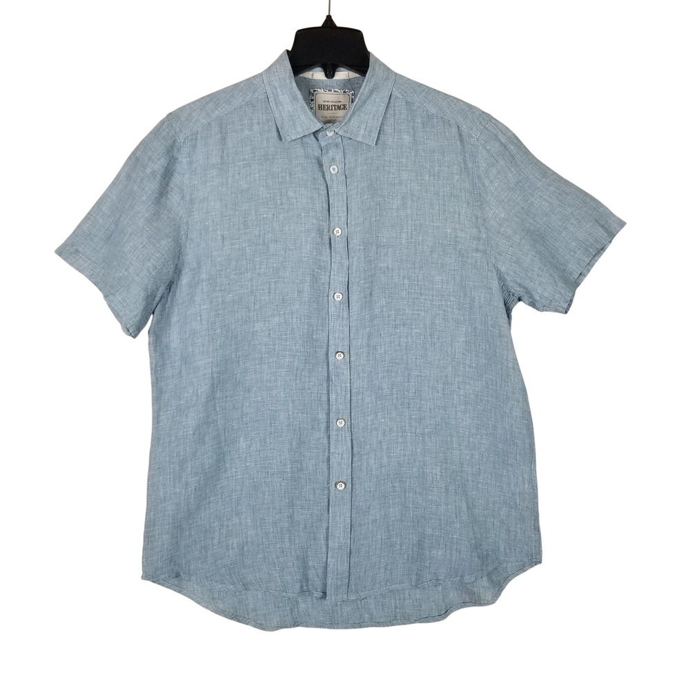 Report Collection Heritage Shirt Mens L Blue 100% Linen Short Sleeve Button Up